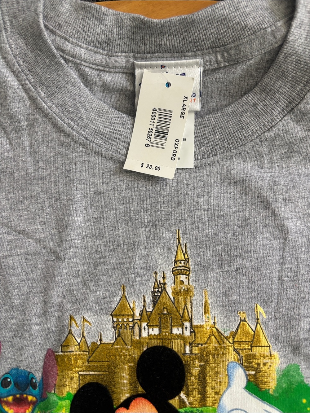 Disney Gray Short Sleeve Tee with Gold Castle and Colorful Character Print
